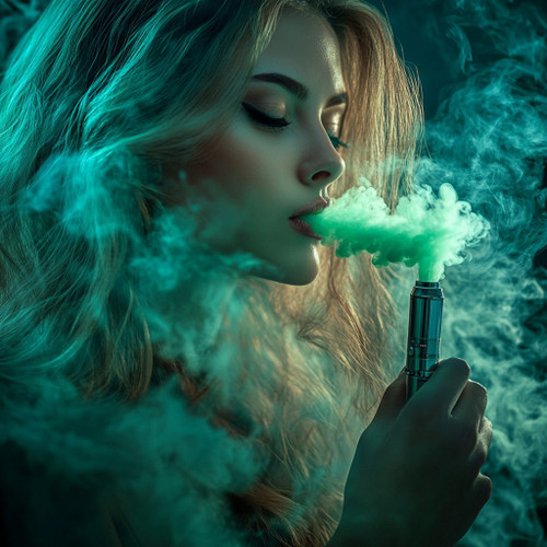 The image shows a person with long hair holding a vape device while exhaling a dense cloud of vapor. The background is filled with a greenish mist that creates a mysterious and almost ethereal ambiance. The person's face is obscured by a blurred rectangle, drawing attention to the act of vaping and the dramatic vapor clouds. This composition highlights the visual allure of vaping with a focus on its atmospheric and contemporary appeal.