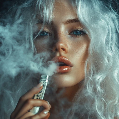 The image shows a hand holding a vape device, with smoke surrounding the scene. The hand has well-manicured nails, and the background includes long, wavy, light-colored hair. The image is interesting as it captures the act of vaping and the aesthetic appeal of the smoke and hair.