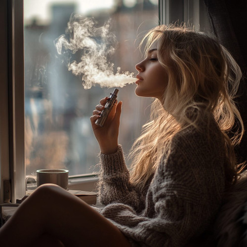 The image shows a person sitting by a window, holding a vape device and exhaling vapor. The person is wearing a cozy, knitted sweater and has long, wavy hair. There is a cup placed on the windowsill next to the person. The background outside the window appears to be an urban setting with blurred buildings. The image captures a moment of relaxation and the use of a vape device, which is relevant in the context of modern lifestyle and habits.