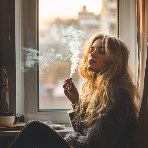The image shows a person with long, wavy hair sitting by a window, holding a vape device and exhaling vapor. The person's face is obscured by a blurred rectangle. The background outside the window is slightly out of focus, suggesting an urban setting with buildings. The person is wearing a cozy, knitted sweater and appears to be in a relaxed, contemplative pose. There is a cup and some books or notebooks on the windowsill, adding to the serene and introspective atmosphere of the scene. The image captures a moment of calm and personal time, possibly indicating a break or a moment of reflection.