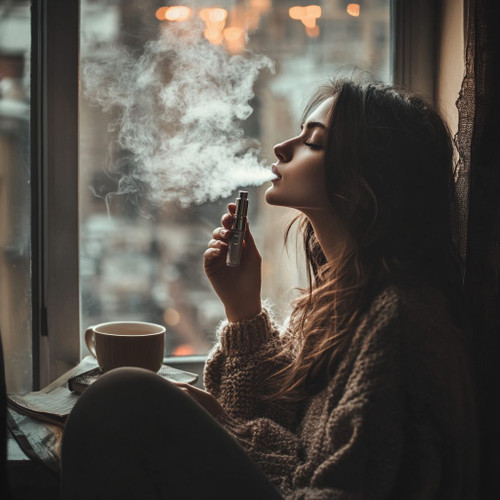 The image shows a person sitting by a window, holding a vape device and exhaling vapor. The person is wearing a cozy sweater, and there is a cup of coffee or tea on the windowsill next to an open book or notebook. The background outside the window is blurred, with lights creating a warm, bokeh effect. This image captures a moment of relaxation and contemplation, combining elements of modern lifestyle (vaping) with a cozy, introspective atmosphere.