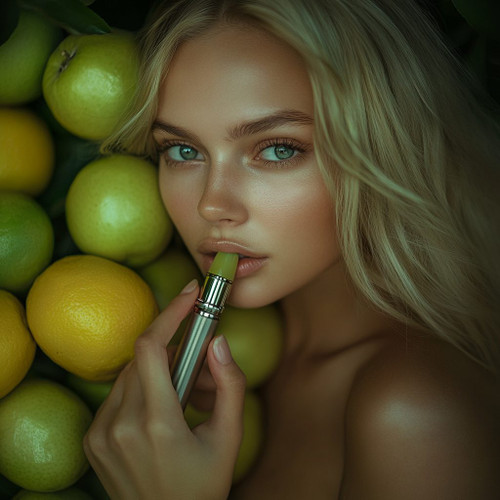 The image shows a close-up of several citrus fruits, including lemons and limes, with a hand partially visible in the lower part of the image. The fruits are arranged closely together, creating a vibrant and colorful display. The hand appears to be holding or touching one of the fruits. The image is interesting due to the vivid colors and textures of the citrus fruits, which contrast with the smooth skin of the hand.