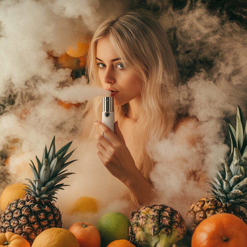 The image shows a person holding a small, cylindrical device that appears to emit a significant amount of smoke or vapor. Surrounding the individual is a vibrant display of fruits, including pineapples, oranges, and limes. The interplay between the dense vapor and the vivid colors of the fruits creates a visually captivating composition. The overall atmosphere suggests themes of lifestyle, wellness, or perhaps aromatic indulgence, blending modern elements with natural beauty.