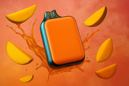 Disposable vape hovers in the air with mango.