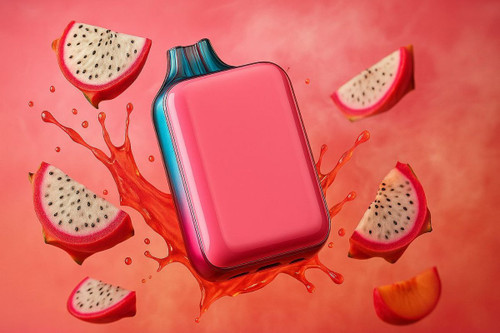A vibrant pink and teal vaping device is shown centrally, surrounded by several dynamic splashes of reddish liquid. Slices of fresh dragon fruit with white flesh and black seeds, along with an orange fruit slice, are depicted in motion around the vape. The background is a soft, hazy red, creating an energetic and fruity ambiance.