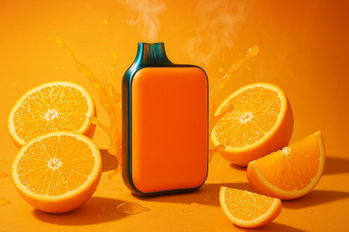 The image features an orange and teal vaping device positioned centrally against a bright, solid orange background. Wisps of vapor are emanating from the top of the device, and a splash of orange liquid is depicted to its left, suggesting a burst of flavor. Surrounding the device are several fresh orange slices and halves, with their juicy pulp and rind clearly visible. Some small droplets of liquid are also scattered on the orange surface. The overall composition creates a vibrant and fresh theme, strongly associating the vape with an orange flavor.