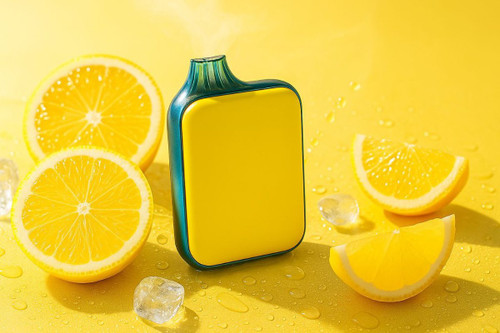 The image showcases a prominent yellow and teal vape device positioned on a bright yellow surface, subtly emitting vapor from its translucent teal top. It is artfully surrounded by several fresh lemon halves and wedges, along with scattered clear ice cubes and water droplets, all contributing to a vivid and refreshing aesthetic that complements the product.