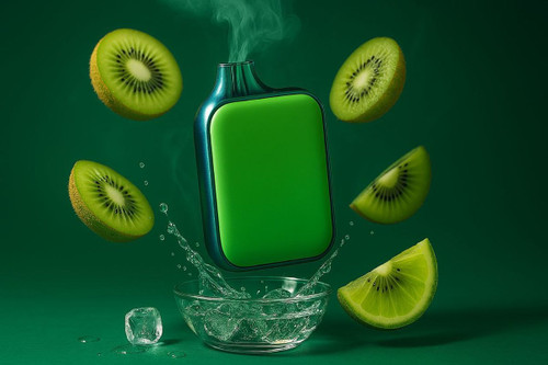 A vivid green and blue vaping device hovers above a glass bowl of splashing water and ice cubes, emitting green vapor. Several fresh kiwi slices are suspended around the vape. The deep green background emphasizes the refreshing, fruity theme.
