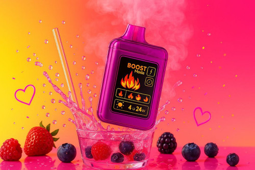 A vibrant purple vaping device with a "BOOST Mode" display and flame icon is featured, seemingly floating above a glass bowl of liquid with berries, causing a splash. Scattered around are fresh fruits including strawberries, raspberries, blackberries, and blueberries, alongside a drinking straw and outline heart shapes. The background is a lively gradient of yellow, orange, and hot pink with smoky accents, conveying an energetic and fruity theme.