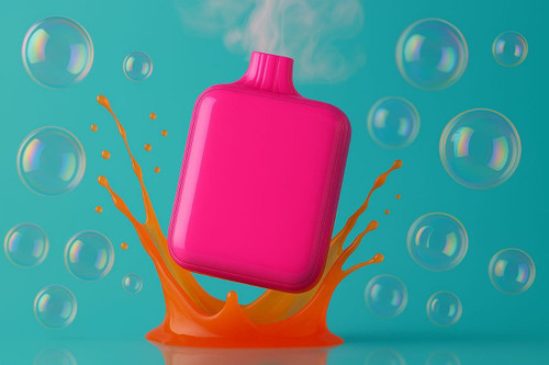 On the photo, there is a pink disposable vape, with splashes of orange liquid beneath it, and soap bubbles floating around.