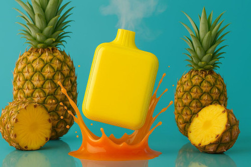The image displays a bright yellow vape device in the center, appearing to splash into or emerge from a vibrant orange liquid that mimics a juice splash with dynamic droplets, all set against a teal background. Two whole pineapples stand on either side of the central action, while two half-cut pineapples rest in the foreground, subtly reinforcing a tropical and fruity theme that complements the product.