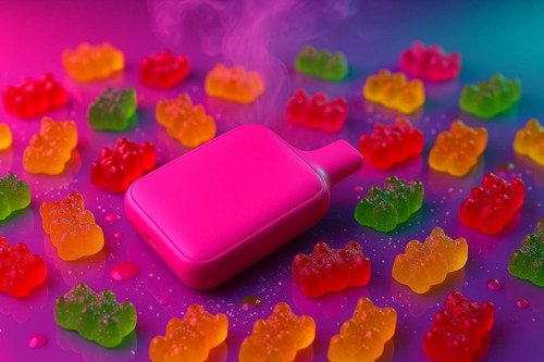 The photo features a pink disposable vape surrounded by colorful gummy bears, creating a very bright and appealing, "delicious-looking" image.