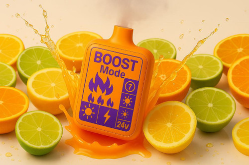 The image features a vibrant orange vape device with a dark purple "BOOST Mode" graphic on its front, centrally positioned amidst a dynamic splash of orange liquid. The background is a bright yellow, generously populated with an array of sliced citrus fruits, including lemons, limes, and oranges, some of which appear to be freshly cut. The overall impression is energetic and zesty, visually linking the vape device to a powerful, refreshing citrus experience.