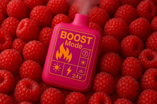 The photo shows a pink disposable vape resting on juicy raspberries, with light smoke nearby.