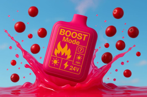 The image showcases a bold fuchsia-colored vape device with a yellow "BOOST Mode" graphic, dynamically emerging from a splash of vibrant red liquid that resembles a berry juice. The background is a clear, bright blue sky with a few wispy clouds, and numerous red berries, likely cranberries or cherries, are suspended in the air around the central action, creating a lively and fruity visual theme.