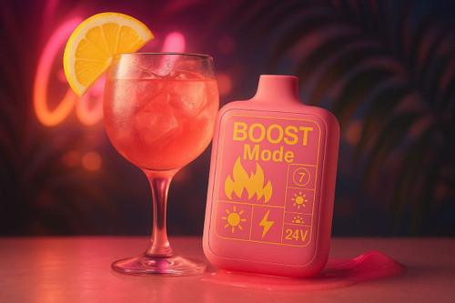 The image features a fuchsia-colored vape device with a yellow "BOOST Mode" graphic prominently displayed, resting on a surface next to a glass of a red or pink cocktail garnished with a lemon slice. The background is dimly lit with blurred neon lights in hues of red and orange, creating a warm, inviting, and somewhat retro or lounge-like atmosphere. A small puddle of pink liquid is visible beneath the vape device.
