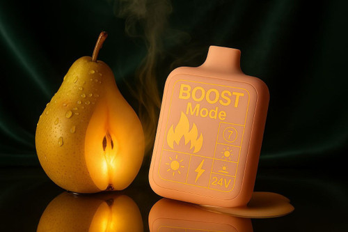 The image features a peach-colored vape device with a yellow