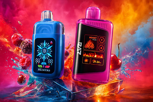 Two high-tech vape devices, "MEMERS" and "RAZ," are showcased against an explosive and colorful backdrop of swirling fire, ice, and water. Fresh raspberries and cherries appear to burst around the devices, emphasizing the intense fruity flavors associated with the products. Both vapes feature bright digital displays showing battery life and "Boost Mode" settings amidst the high-energy, cinematic environment.