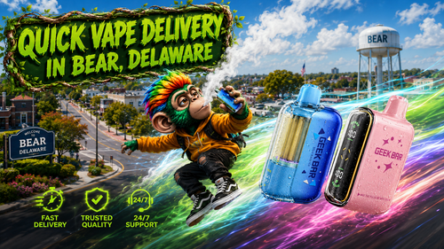 Quick Vape Delivery in Bear, Delaware | Fast Online Vape Shop A vibrant promotional banner for Vapor Puffs featuring fast vape delivery in Bear, Delaware. The image showcases colorful Geek Bar disposable vapes with water droplets, a playful vaping character, iconic Bear landmarks, and glowing service icons representing fast delivery, trusted quality, and 24/7 customer support. Ideal for illustrating an online vapor store offering a wide selection of disposable vapes, competitive prices, same-day order shipping, and delivery within 1–5 business days.