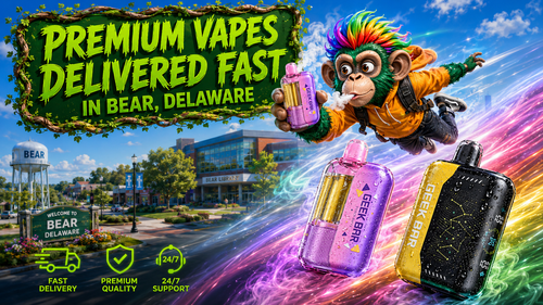 Premium Vapes Delivered Fast in Bear, Delaware | Vape Delivery A colorful promotional banner featuring premium Geek Bar disposable vapes with water droplets, a vibrant flying character holding a vape device, and recognizable Bear, Delaware landmarks in the background. Bright energy trails, modern city scenery, and icons for fast delivery, premium quality, and 24/7 support highlight Vapor Puffs' online vape shop, offering authentic disposable vapes, low prices, same-day order shipping, and delivery to Bear, DE within 1–5 business days.