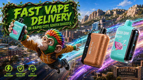 A vibrant promotional banner for fast vape delivery in Rapid City, South Dakota, featuring premium Geek Bar disposable vapes with realistic water droplets and colorful energy trails racing across the city skyline. A playful flying mascot holds a vape device in front of a bold green vine-framed "Fast Vape Delivery" sign, while iconic Rapid City landmarks and the Black Hills create a striking background. Service icons highlight fast delivery, premium quality, and 24/7 support, emphasizing a modern online vape shop with a wide selection of disposable vapes.