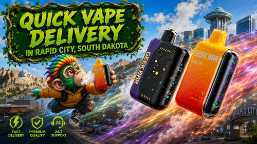 An eye-catching promotional banner showcasing quick vape delivery in Rapid City, South Dakota, featuring colorful Geek Bar Pulse disposable vapes with realistic water droplets and glowing energy trails racing through the city. A cheerful flying mascot holds a vape device in front of a bold green vine-framed "Quick Vape Delivery" sign, while Mount Rushmore, the Rapid City skyline, and futuristic elements create a dynamic background. Service icons emphasize fast delivery, premium quality, and 24/7 support, highlighting a trusted online vape shop with a wide selection of authentic disposable vapes.