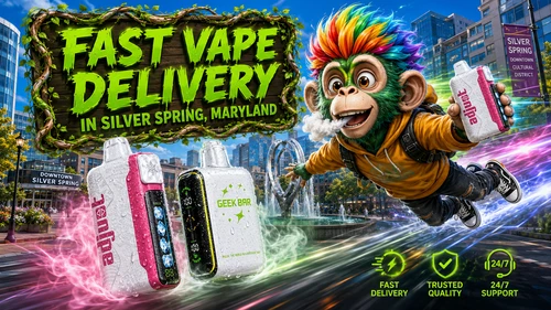 A colorful promotional banner showcasing fast vape delivery in Silver Spring, Maryland. Two modern disposable vapes with water droplets speed through a futuristic cityscape alongside a vibrant flying mascot, while recognizable Silver Spring landmarks appear in the background. The design highlights Vapor Puffs' wide selection, trusted quality, and convenient vape delivery service with same-day shipping and delivery in 1&ndash;5 business days.