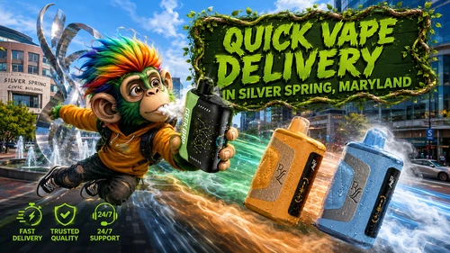 A vibrant promotional banner featuring quick vape delivery in Silver Spring, Maryland with premium disposable vapes from leading brands. A colorful flying mascot holds a Geek Bar device while futuristic disposable vapes race through the city with dynamic energy trails, water droplets, and recognizable Silver Spring landmarks in the background. The artwork highlights Vapor Puffs' extensive selection, competitive prices, trusted quality, same-day shipping, and delivery within 1&ndash;5 business days.