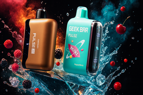Cosmic Fusion: Geek Bar Pulse & Pulse X Flavor Explosion A high-impact promotional graphic featuring two disposable vapes: a bronze Pulse X and a turquoise Geek Bar Pulse in "PepperMintz" flavor. The devices are positioned atop a bed of sharp, crystalline ice shards, surrounded by a dynamic splash of water and colorful cosmic energy. Fresh berries, including raspberries, blackberries, and cherries, are frozen in mid-air around the vapes, emphasizing a fresh and fruity flavor profile. The background uses a striking contrast of fiery orange and cool cyan nebulae, creating a "fire and ice" aesthetic that highlights the intensity of the products.