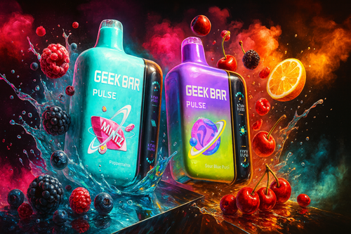 Vibrant Orbit: Geek Bar Pulse Fruit & Flavor Splash A vivid promotional visual featuring two Geek Bar Pulse disposable vapes set against a backdrop of exploding colors. On the left, a turquoise device is surrounded by a cool water splash and a variety of forest berries, including blackberries and raspberries. On the right, a purple and lime-green device is enveloped in warm orange smoke and a cascade of cherries and a sliced citrus orange. Both devices feature cosmic, planet-like graphics on their labels. The composition uses a split-color scheme of magenta and electric blue versus fiery orange, creating an intense, high-energy atmosphere that highlights the diversity of the fruit flavors.