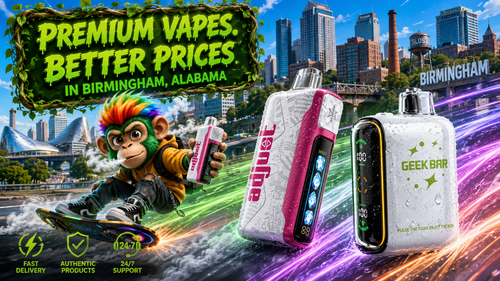 Premium Disposable Vape Devices for Fast Delivery in Birmingham, AL Disposable vape devices with modern displays and water droplets, available for delivery in Birmingham, Alabama.