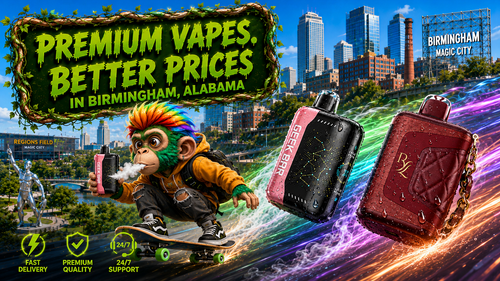 Premium Disposable Vape Devices in Birmingham, Alabama Modern disposable vape devices with premium finishes and water droplets, available for delivery in Birmingham, AL.