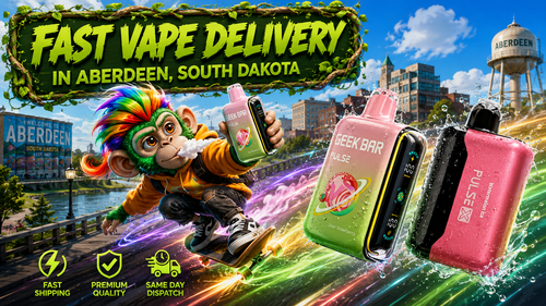 A vibrant promotional banner featuring Geek Bar Pulse disposable vapes covered in water droplets, a colorful monkey character riding a skateboard, and dynamic neon speed trails. The daytime Aberdeen, South Dakota cityscape includes local signage, downtown buildings, and the Aberdeen water tower, along with icons highlighting fast shipping, premium quality, and same-day dispatch.