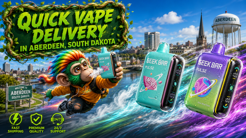 A colorful promotional banner showcasing Geek Bar Pulse disposable vapes with sparkling water droplets against the Aberdeen, South Dakota skyline. A playful monkey mascot flies through the scene holding a vape while vibrant energy trails surround the devices, with the Aberdeen water tower, downtown landmarks, and service icons highlighting fast shipping, premium quality, and 24/7 customer support.