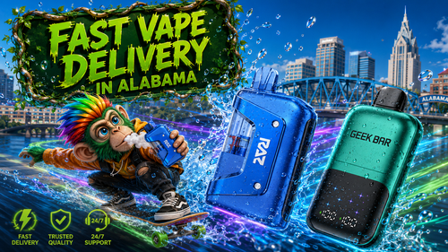 RAZ and Geek Bar Disposable Vapes for Fast Delivery in Alabama RAZ and Geek Bar disposable vapes with modern designs and water droplets for fast delivery across Alabama.