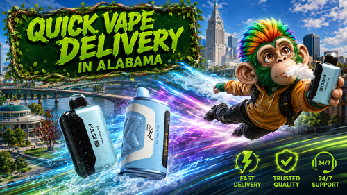 Quick Vape Delivery in Alabama with Premium Disposable Vapes Blue disposable vape devices with colorful energy trails promoting quick vape delivery across Alabama.
