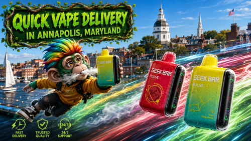 A colorful promotional banner advertising quick vape delivery in Annapolis, Maryland. A playful flying mascot holds a Geek Bar Pulse disposable vape while soaring above the historic Annapolis waterfront. Three vibrant Geek Bar Pulse disposable vapes with sparkling water droplets race through glowing neon energy trails, set against iconic Maryland landmarks. The design highlights fast delivery, trusted quality, and 24/7 customer support, creating a dynamic and eye-catching online vape shop advertisement.