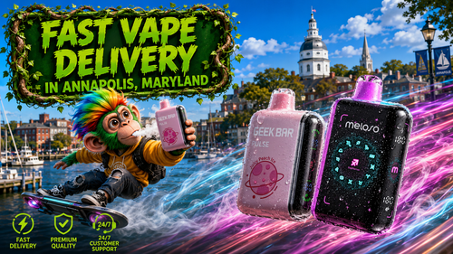 A vibrant promotional banner showcasing fast vape delivery in Annapolis, Maryland. Two premium Geek Bar disposable vapes with water droplets race through colorful energy trails above the scenic Annapolis waterfront, while a playful flying mascot rides a futuristic hoverboard holding a Geek Bar device. The background features iconic Annapolis landmarks beneath a bright blue sky, with bold green typography highlighting fast vape delivery, premium quality, and 24/7 customer support.