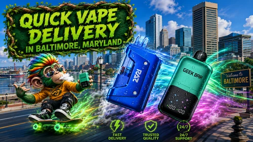 A vibrant promotional banner for quick vape delivery in Baltimore, Maryland, featuring the Baltimore skyline, a colorful skateboarding monkey, and premium disposable vape devices from RAZ and Geek Bar with glowing energy trails. Water droplets, futuristic visual effects, and service icons emphasize fast shipping, trusted quality, and 24/7 customer support from a reliable online vape shop with a wide selection of disposable vapes.