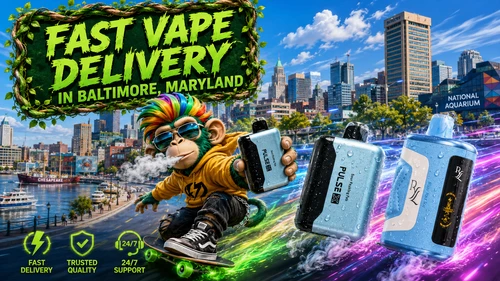 A colorful promotional banner showcasing fast vape delivery in Baltimore, Maryland, featuring a vibrant city skyline, a stylish monkey riding a skateboard, and premium disposable vapes with water droplets. Neon energy trails, service icons, and recognizable Baltimore landmarks highlight fast shipping, trusted quality, and 24/7 customer support from a reliable online vape shop.