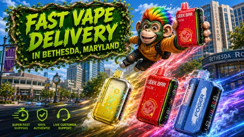 Fast Vape Delivery in Bethesda, Maryland – Premium Disposable Vapes Colorful promotional banner for fast vape delivery in Bethesda, Maryland, featuring a cheerful flying mascot holding a red Geek Bar Pulse disposable vape above a modern Bethesda cityscape. The image showcases premium disposable vapes from Geek Bar and Foger with water droplets, dynamic neon energy trails, and icons representing super fast shipping, authentic products, and live customer support.