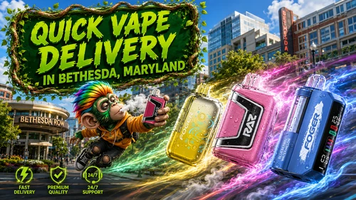 Quick Vape Delivery in Bethesda, Maryland – Premium Disposable Vape Collection Eye-catching promotional banner for quick vape delivery in Bethesda, Maryland, featuring a colorful flying mascot holding a disposable vape in front of the Bethesda Row district. The artwork highlights premium disposable vapes from RAZ and Foger with realistic water droplets, vibrant energy trails, and colorful smoke effects, alongside icons representing fast delivery, premium quality, and 24/7 customer support.