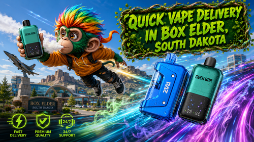 A vibrant promotional banner featuring premium disposable vapes with water droplets, a colorful flying monkey character holding a Geek Bar vape, and a bright daytime cityscape inspired by Box Elder, South Dakota. Colorful energy trails, modern landmarks, and service icons emphasize quick vape delivery, premium quality, and reliable 24/7 customer support.