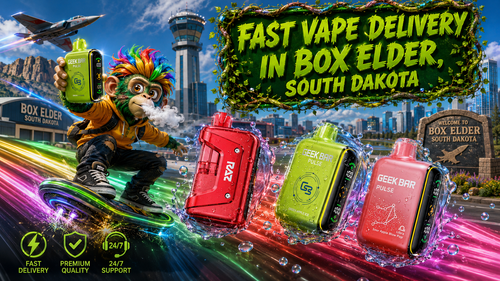 A colorful promotional banner featuring Geek Bar disposable vapes covered in water droplets, a vibrant monkey character riding a futuristic hoverboard, and a daytime cityscape inspired by Box Elder, South Dakota. The design highlights fast delivery, premium quality, and 24/7 support with bold green lettering framed by decorative vines.