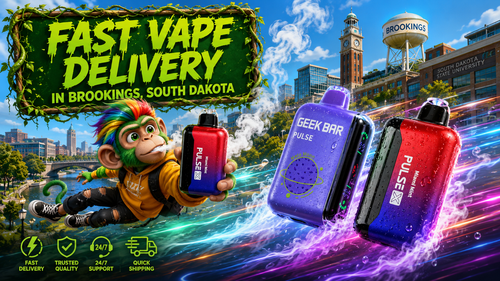 Fast Vape Delivery in Brookings, South Dakota A colorful promotional banner for fast vape delivery in Brookings, South Dakota, featuring Geek Bar Pulse X disposable vapes with water droplets, vibrant energy trails, and a flying cartoon monkey character. The daytime city background includes recognizable Brookings elements such as South Dakota State University, a clock tower, and the Brookings water tower, along with service icons for fast delivery, trusted quality, 24/7 support, and quick shipping.