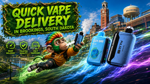Quick Vape Delivery in Brookings, South Dakota A vibrant promotional banner for Quick Vape Delivery in Brookings, South Dakota, featuring Geek Bar Pulse disposable vapes with sparkling water droplets and colorful energy trails racing across the scene. A cheerful cartoon monkey holds a vape device while flying through the city, with iconic Brookings landmarks including the South Dakota State University campus, the historic clock tower, and the Brookings water tower in the background. The design also highlights fast delivery, trusted quality, and 24/7 customer support, creating an energetic advertisement for an online vape shop.