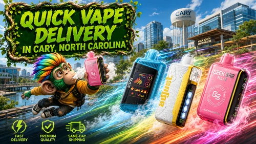 A vibrant promotional banner for Vapor Puffs featuring fast vape delivery in Cary, North Carolina. Colorful disposable vape devices with water droplets race through the city surrounded by glowing energy trails and vapor effects, while a cheerful mascot holds a pink Geek Bar Pulse vape. The background showcases recognizable Cary landmarks, including the Cary water tower and Koka Booth Amphitheatre, emphasizing fast shipping, premium quality, and a wide selection of authentic disposable vapes.