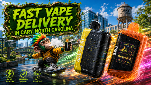 A dynamic promotional banner advertising fast vape delivery in Cary, North Carolina. Two premium disposable vapes with realistic water droplets speed through the city with vibrant neon energy trails, while a colorful mascot rides a futuristic hoverboard holding a vape device. The background features recognizable Cary landmarks, including the Cary water tower and Downtown Cary Park, highlighting a trusted online vape shop with authentic disposable vapes, same-day shipping, and fast delivery within 1&ndash;5 business days.