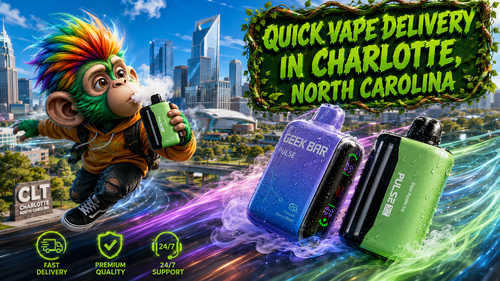 A vibrant promotional banner for Vapor Puffs featuring fast vape delivery in Charlotte, North Carolina. The image showcases two Geek Bar Pulse X disposable vapes with water droplets, surrounded by colorful energy trails and vapor effects against the Charlotte skyline. A playful mascot holds a vape while highlighting quick shipping, premium quality, and 24/7 customer support, emphasizing convenient online vape shopping with a wide selection of authentic disposable vapes.