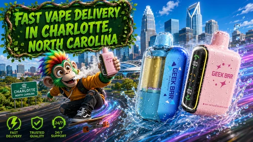 A colorful promotional banner for Vapor Puffs advertising fast vape delivery in Charlotte, North Carolina. The image features Geek Bar disposable vapes in vibrant blue and pink finishes with water droplets, dynamic energy trails, and the Charlotte skyline in the background. A cheerful mascot rides a skateboard while holding a Geek Bar vape, highlighting fast shipping, trusted quality, and 24/7 customer support for customers shopping online for authentic disposable vapes at competitive prices.